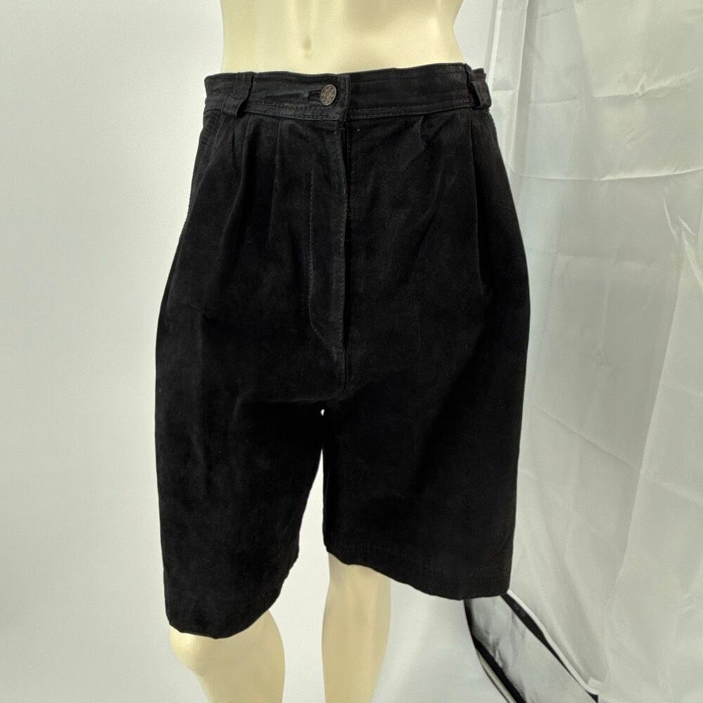 Vintage Loretto Black Suede Leather Shorts Women’s 11/12 High Waist Pleated Line
